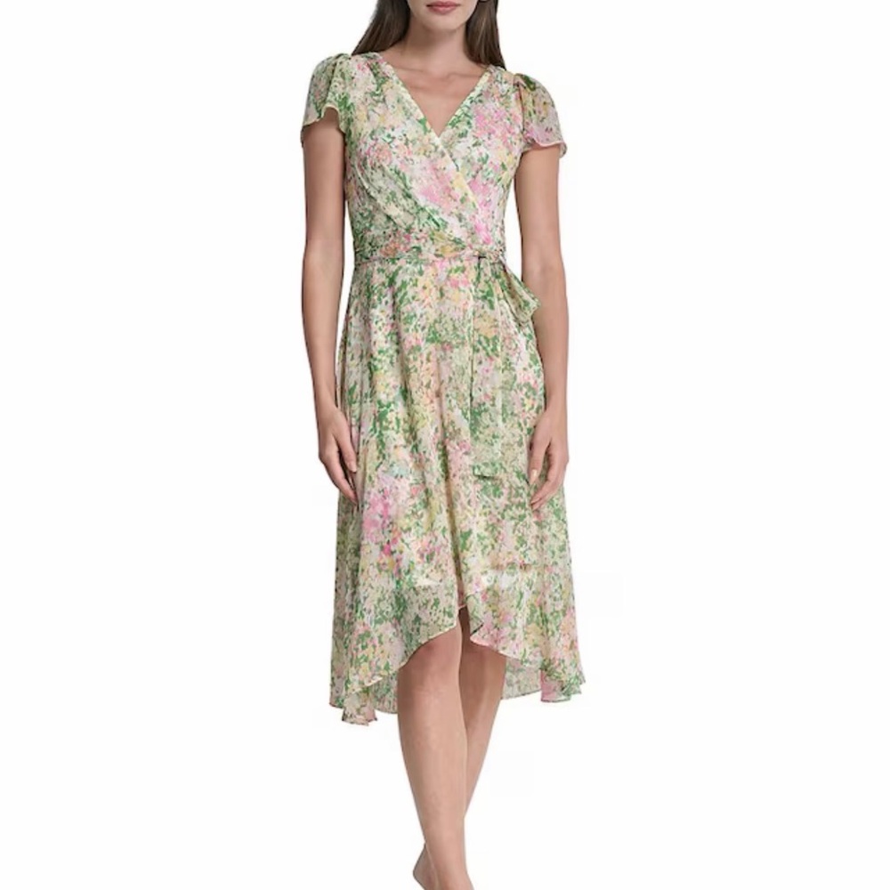 DKNY by Donna Karan Short Sleeve V-Neck Faux Wrap High Low Midi Dress size 10